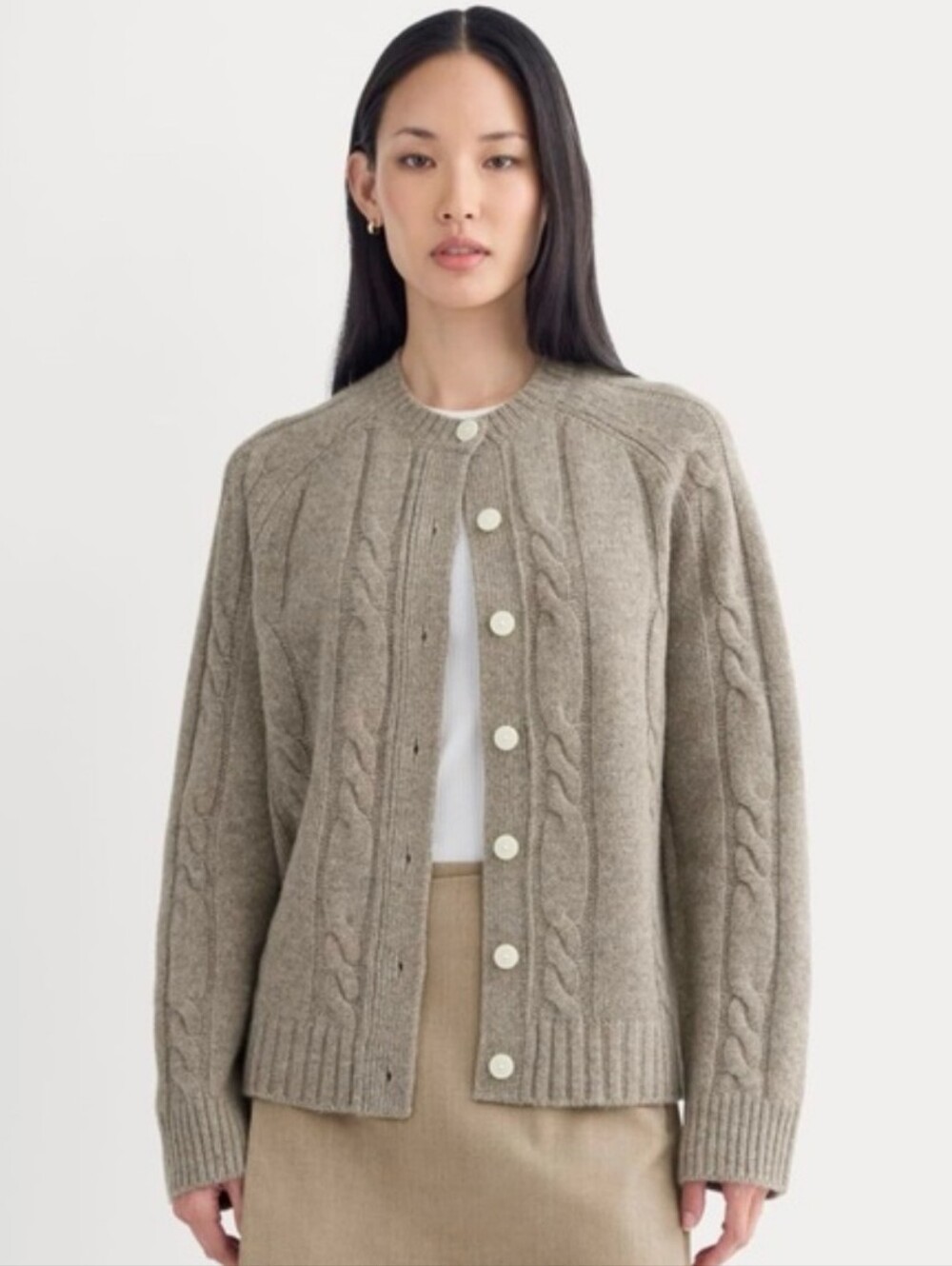 Everlane Cable Knit Cardigan Extrafine Luxe Merino Wool Heather Taupe Sz XS NWT